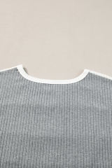 Gray Ribbed Color Block Patchwork T-shirt
