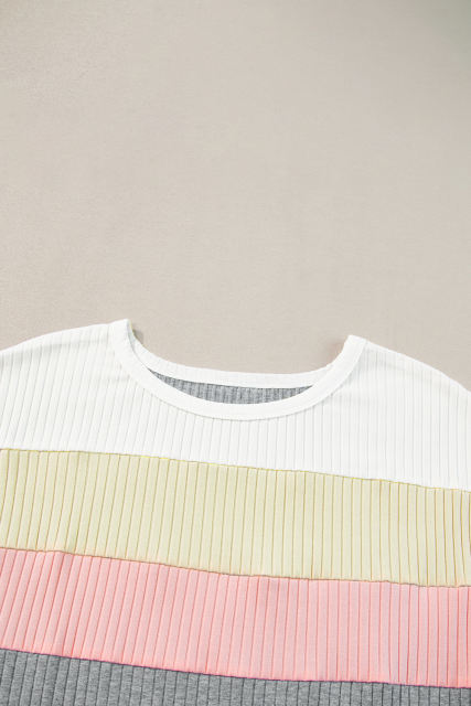 Gray Ribbed Color Block Patchwork T-shirt
