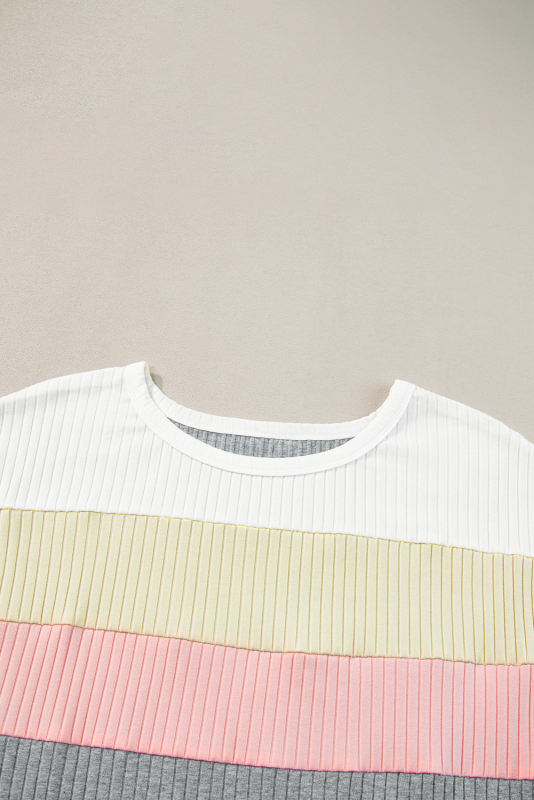 Gray Ribbed Color Block Patchwork T-shirt
