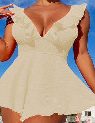 Beige Textured Flutter V Neck One Piece Swimdress