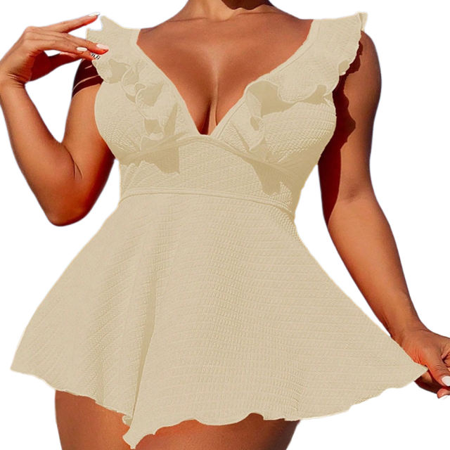 Beige Textured Flutter V Neck One Piece Swimdress