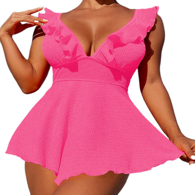 Rosy Textured Flutter V Neck One Piece Swimdress