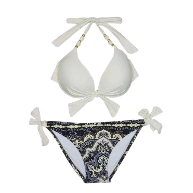 White Halter Neck Print Bottom Bikini Set