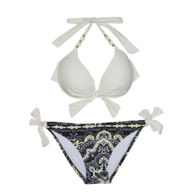 White Halter Neck Print Bottom Bikini Set
