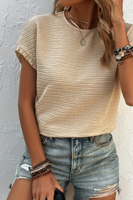 Apricot Solid Textured Ruffled Short Sleeve Blouse