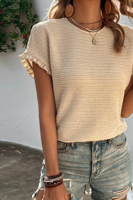 Apricot Solid Textured Ruffled Short Sleeve Blouse