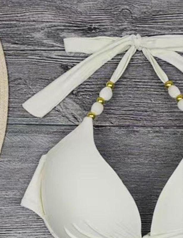 White Halter Neck Print Bottom Bikini Set