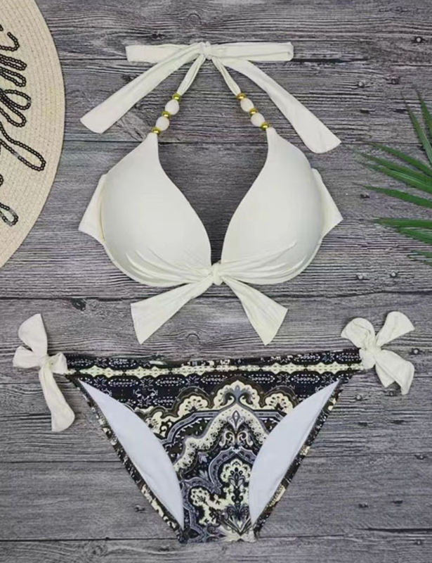 White Halter Neck Print Bottom Bikini Set