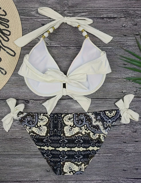 White Halter Neck Print Bottom Bikini Set