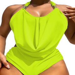 Fluorescent Yellow Solid Color Halter Bikini Swimsuit