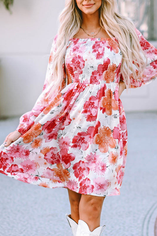 White Floral Print Smocked Puff Sleeve Mini Dress LC6116816-1