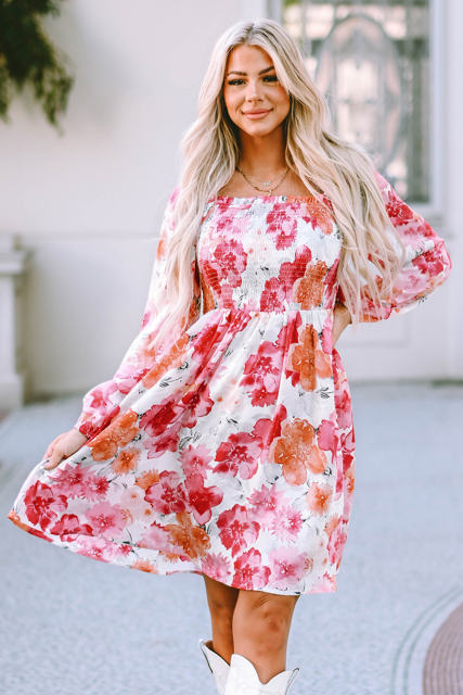 White Floral Print Smocked Puff Sleeve Mini Dress LC6116816-1