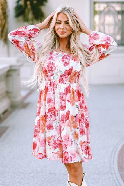 White Floral Print Smocked Puff Sleeve Mini Dress LC6116816-1