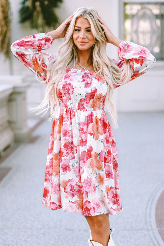 White Floral Print Smocked Puff Sleeve Mini Dress LC6116816-1