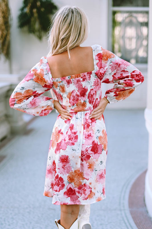 White Floral Print Smocked Puff Sleeve Mini Dress LC6116816-1