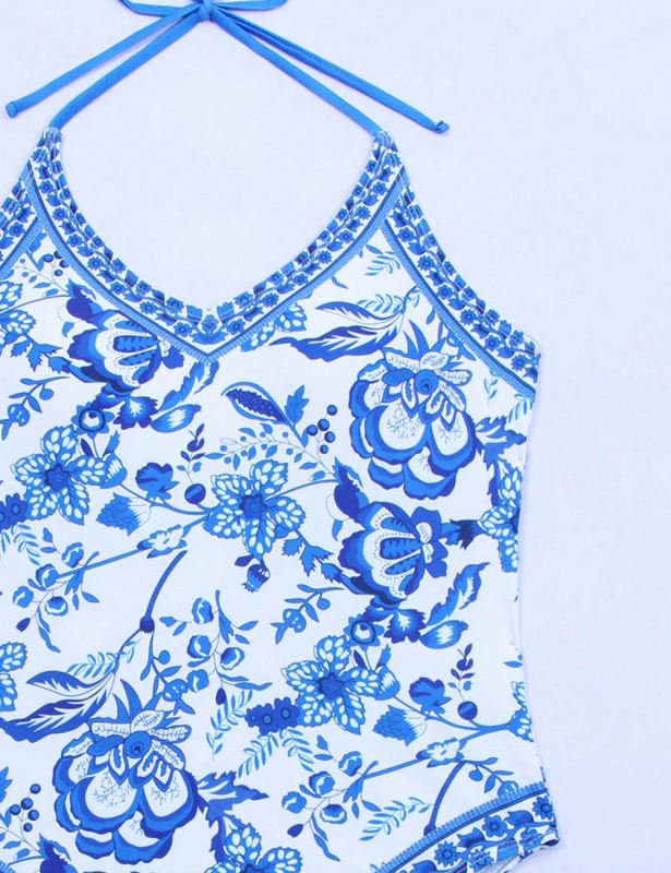 Blue and White Porcelain Print One Piece Swimsuit