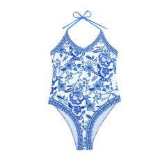 Blue and White Porcelain Print One Piece Swimsuit