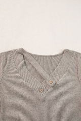 Pale Khaki Ribbed Buttoned Strappy V Neck Tee