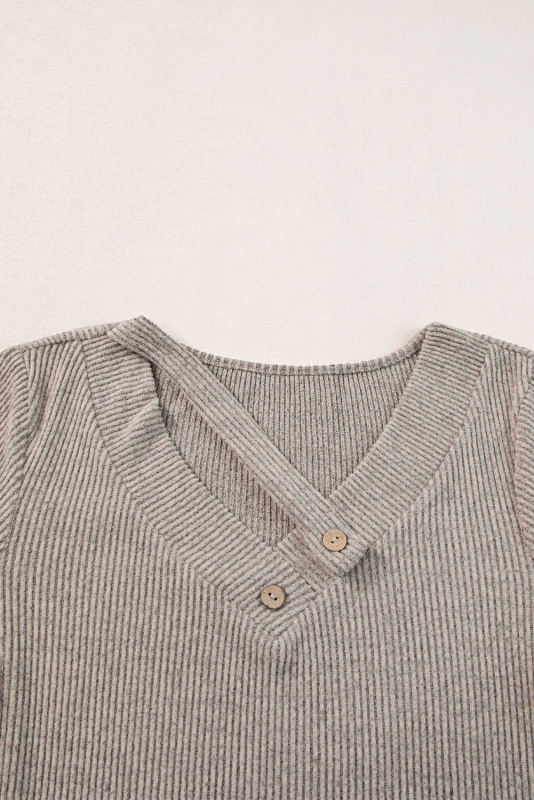 Pale Khaki Ribbed Buttoned Strappy V Neck Tee