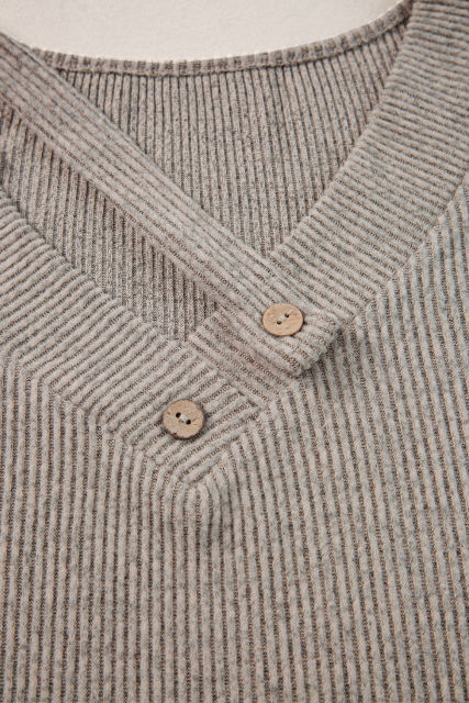 Pale Khaki Ribbed Buttoned Strappy V Neck Tee