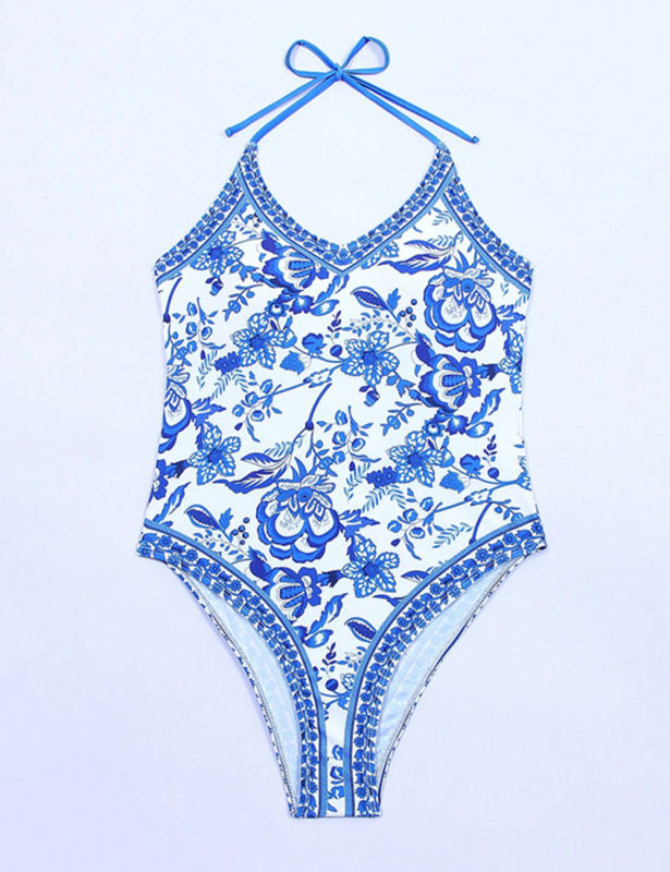 Blue and White Porcelain Print One Piece Swimsuit