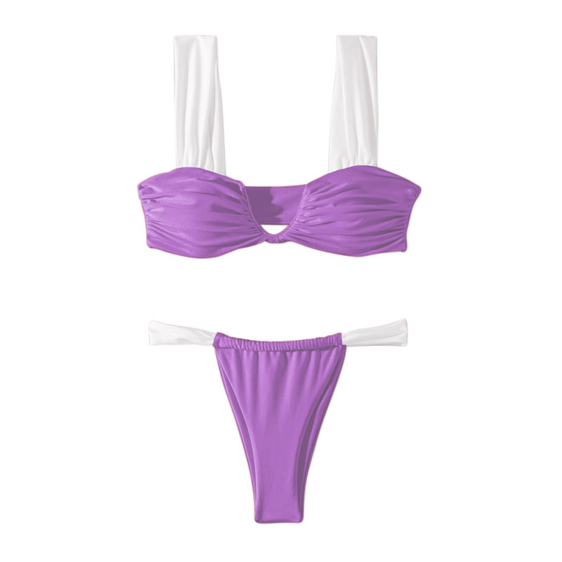 Light Purple Shiny Nylon Pleated Triangle Bikini Set