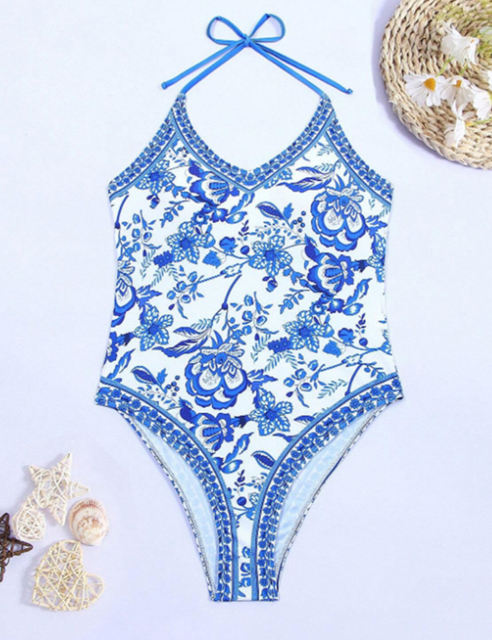 Blue and White Porcelain Print One Piece Swimsuit