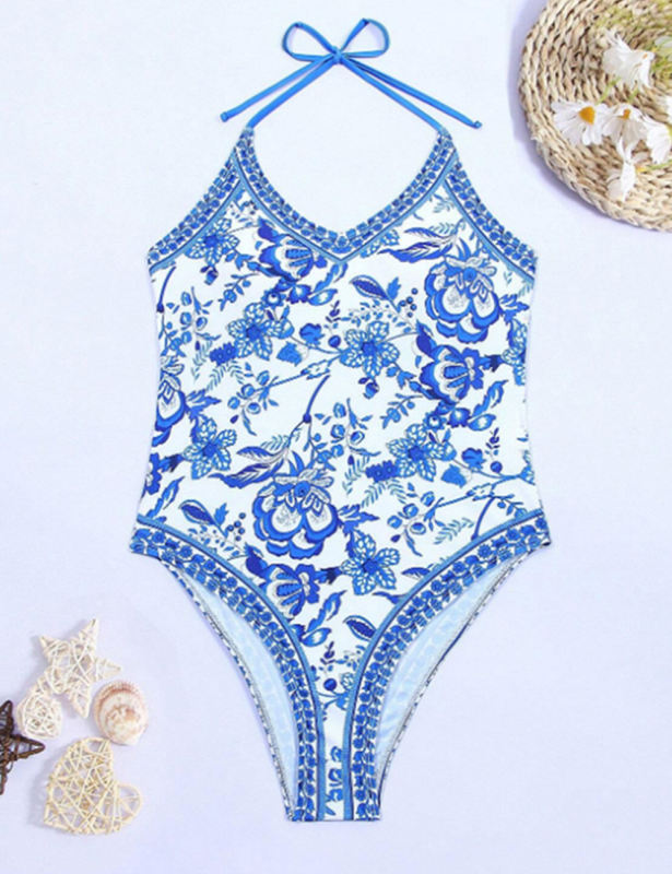 Blue and White Porcelain Print One Piece Swimsuit
