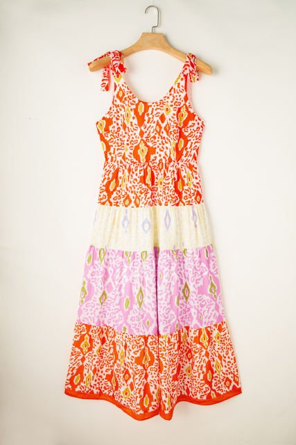 Orange Knotted Straps Leopard Colorblock Dress