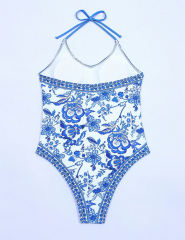 Blue and White Porcelain Print One Piece Swimsuit