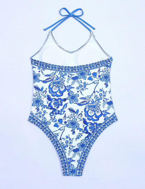 Blue and White Porcelain Print One Piece Swimsuit