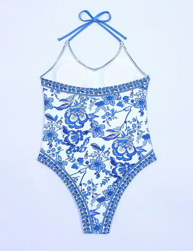 Blue and White Porcelain Print One Piece Swimsuit