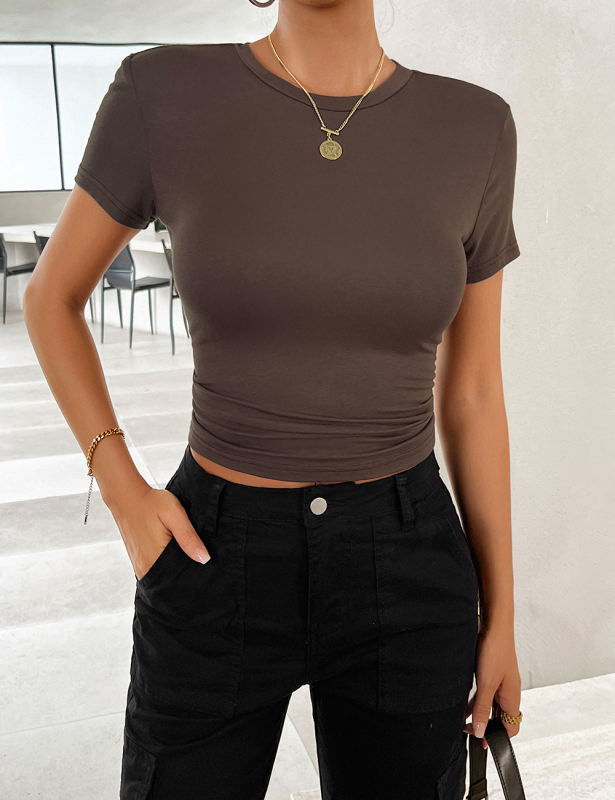 Brown Solid Color Slim Fit Crop Top