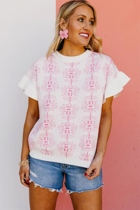 White Floral Printed Ruffled Short Sleeve Sweater