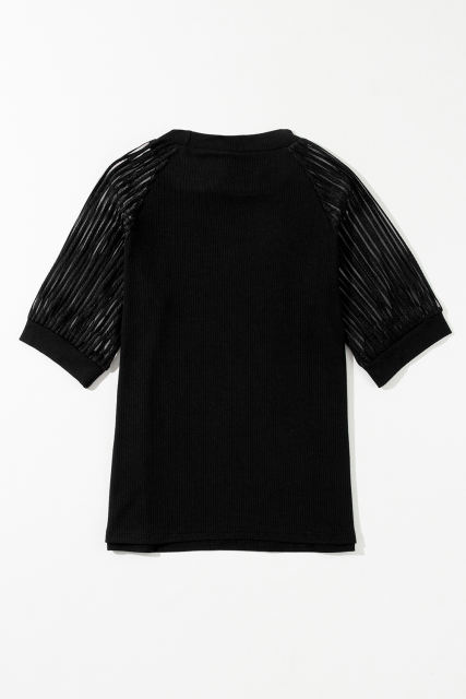 Black Striped Mesh Sleeve Crew Neck Ribbed T Shirt