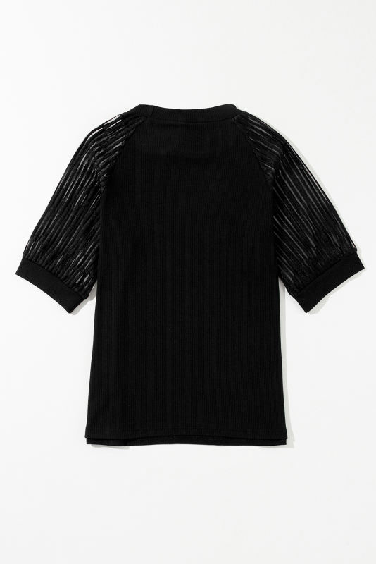 Black Striped Mesh Sleeve Crew Neck Ribbed T Shirt