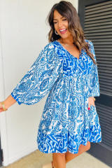 Sky Blue Bohemian Print Puff Sleeve Tied V Neck Flared Mini Dress