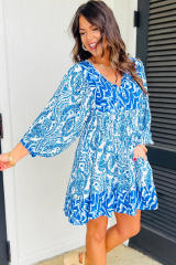 Sky Blue Bohemian Print Puff Sleeve Tied V Neck Flared Mini Dress