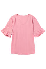 Peach Blossom Ruffled Half Sleeve V Neck Textured Plus Top