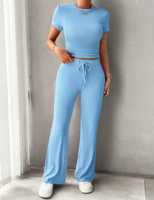 Sky Blue Short Sleeve Top and Drawstring Pant Lounge Set