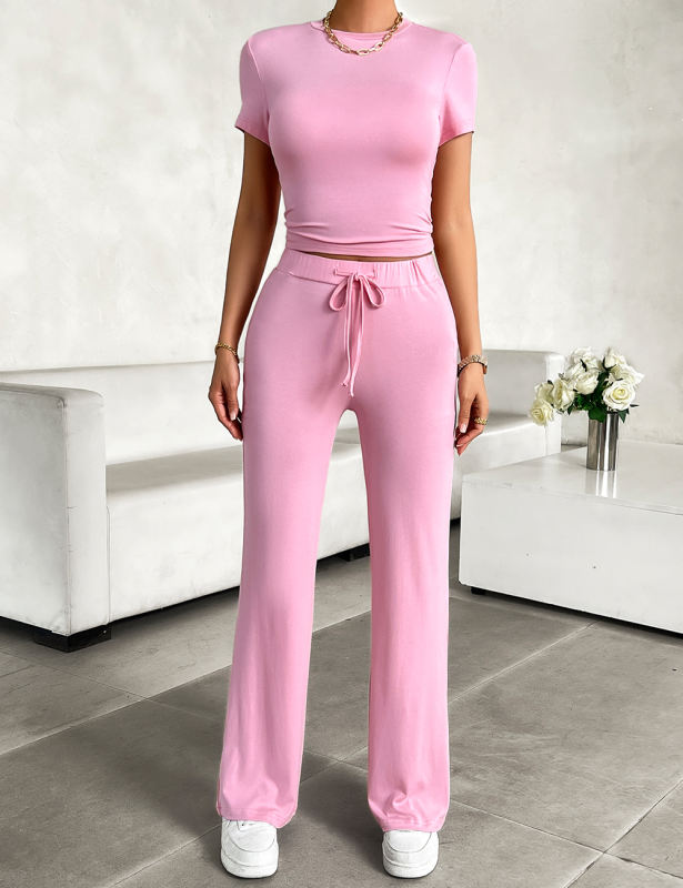 Pink Short Sleeve Top and Drawstring Pant Lounge Set