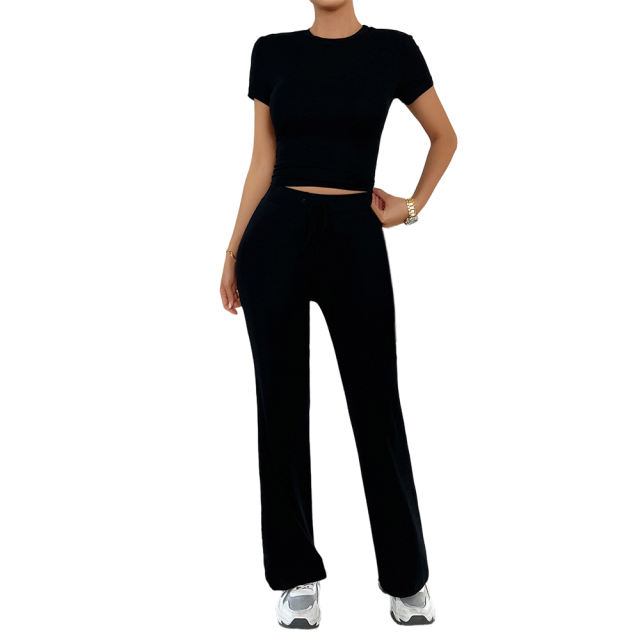 Black Short Sleeve Top and Drawstring Pant Lounge Set