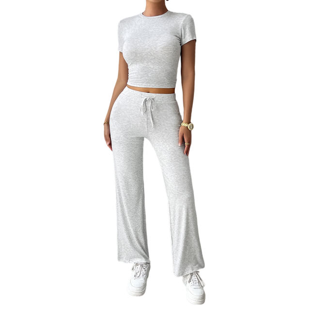 Light Gray Short Sleeve Top and Drawstring Pant Lounge Set
