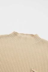 Oatmeal Patch Pocket Ribbed Knit Short Sleeve Sweater