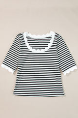 Black Striped Contrast Scallop Trim Half Sleeve T-shirt