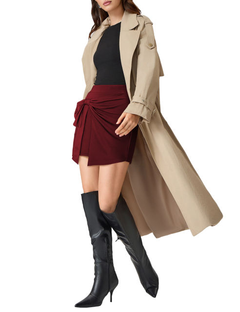 Burgundy Bowknot Front High Waist Mini Skirt