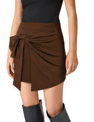 Brown Bowknot Front High Waist Mini Skirt