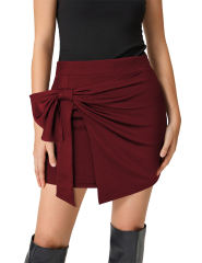 Burgundy Bowknot Front High Waist Mini Skirt