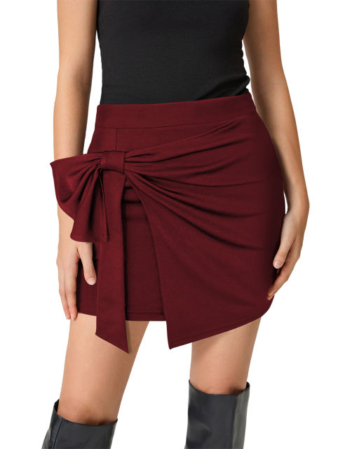 Burgundy Bowknot Front High Waist Mini Skirt