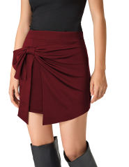 Burgundy Bowknot Front High Waist Mini Skirt
